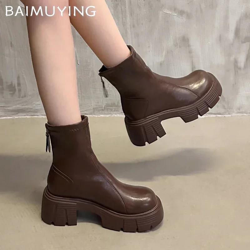 Plataforma Botines de Tobillo para Mujer Tacones Medios Gruesos Cuero Zapatos de Moda Tendencia 2025 Invierno Clásico Bomba Gótica Motocicleta Botas De Mujer