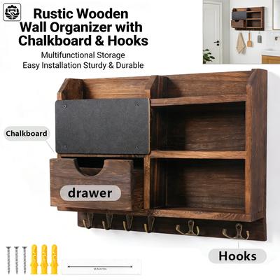 Mail Key Holder Wooden Wall-mounted Storage Rack with Hooks Chalkboard & Drawer Large Capacity Clutter Organizer Home Decoration