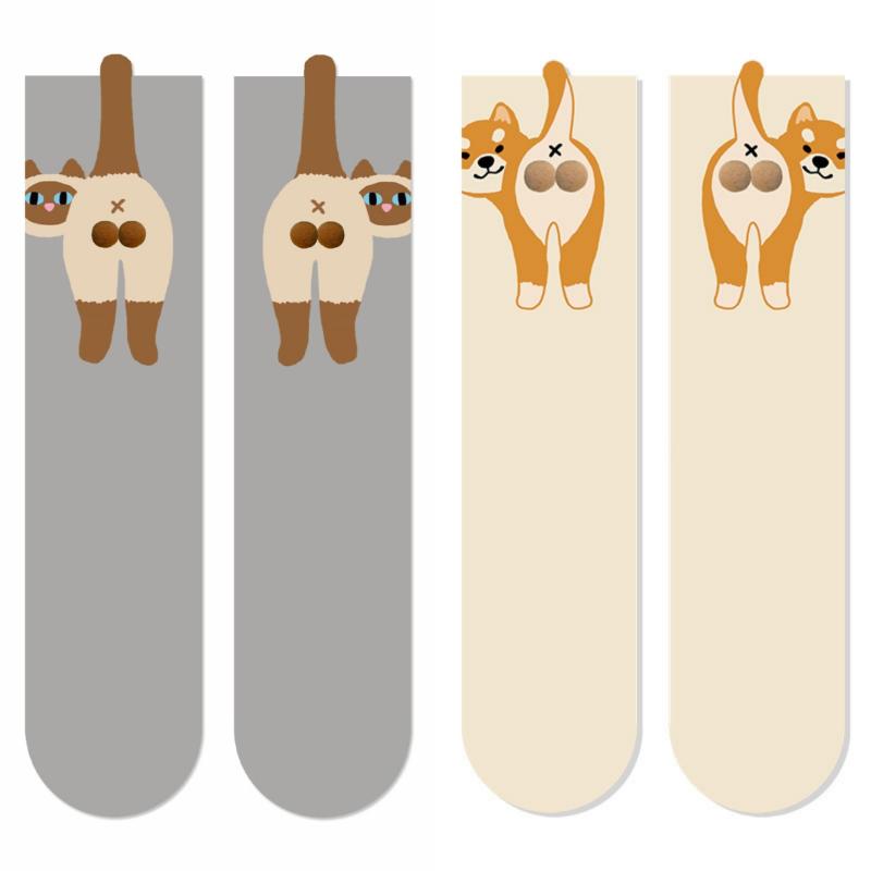 1/2Pair Cartoon Cute Dog Egg Cotton Socks Kawaii Women Lolita Knitting Middle Tube Socks Cat Butt Print Cat Balls Couple Sock