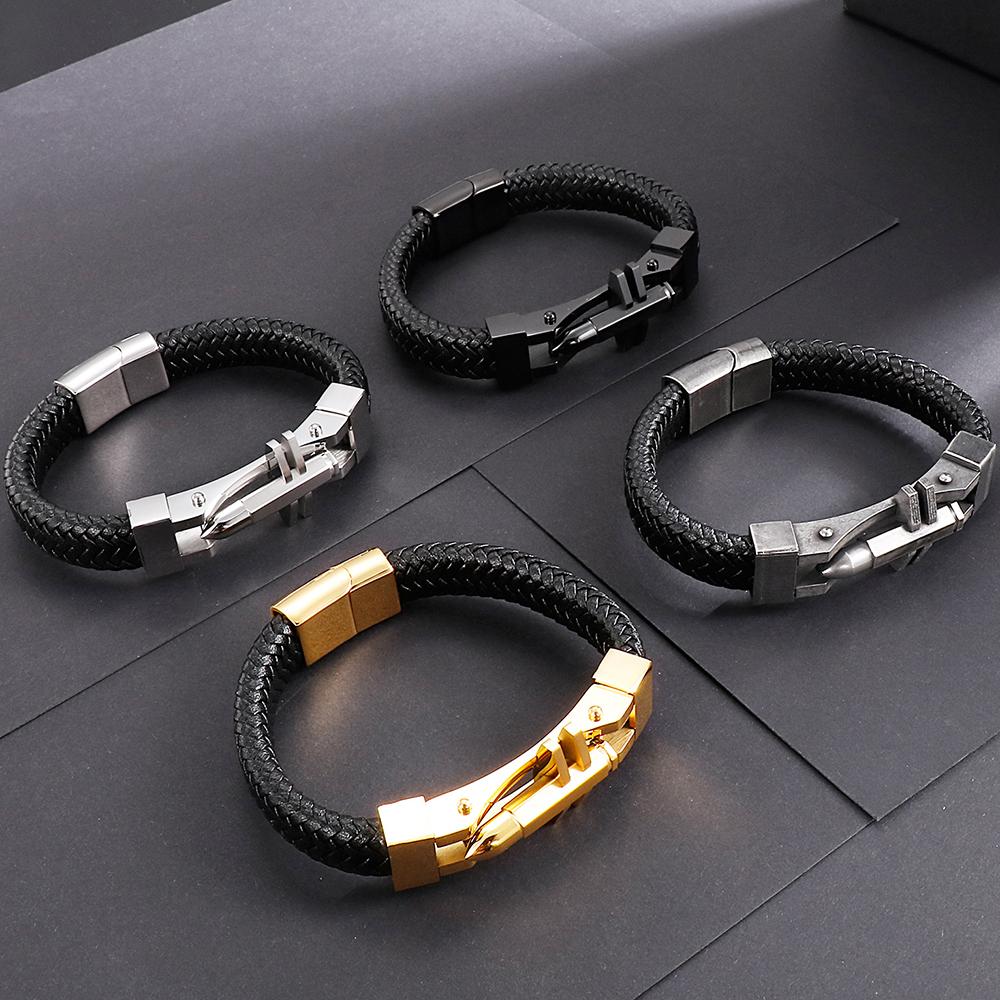 Leather Wristband for Man Bracelet Men Ancient Black Stainless Steel Simple Design Men's Wrap Bracelets Engraving Guests Gift