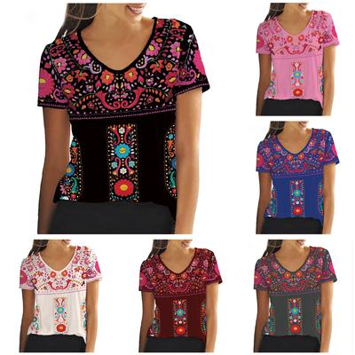 S-8XL Plus Size Boho Style Short Sleeve V-neck Women Top Colorful Flowers T-Shirt Floral Summer Women Clothing Pullover