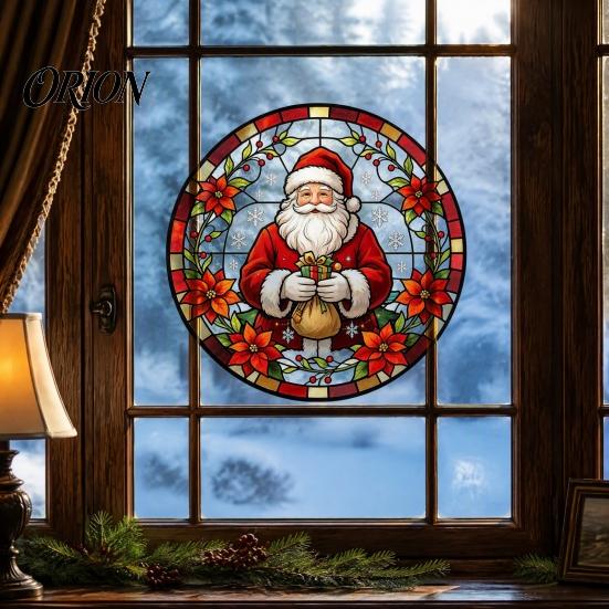 Removable Static Window Film Round Christmas Sticker, Stained Glass Style, Holiday Storefront Decals Cling, Santa Claus Tree PVC Decal for Home Decor