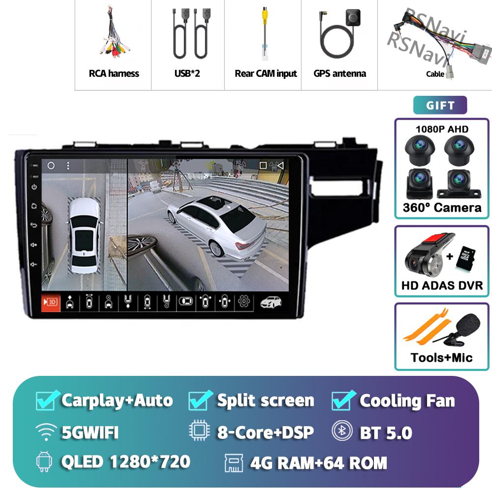 Android 14 Carplay Auto For Honda Jazz Fit 2014 - 2015 Car Radio Player Multimedia Stereo 360 Camera Navigation Video AI Voice