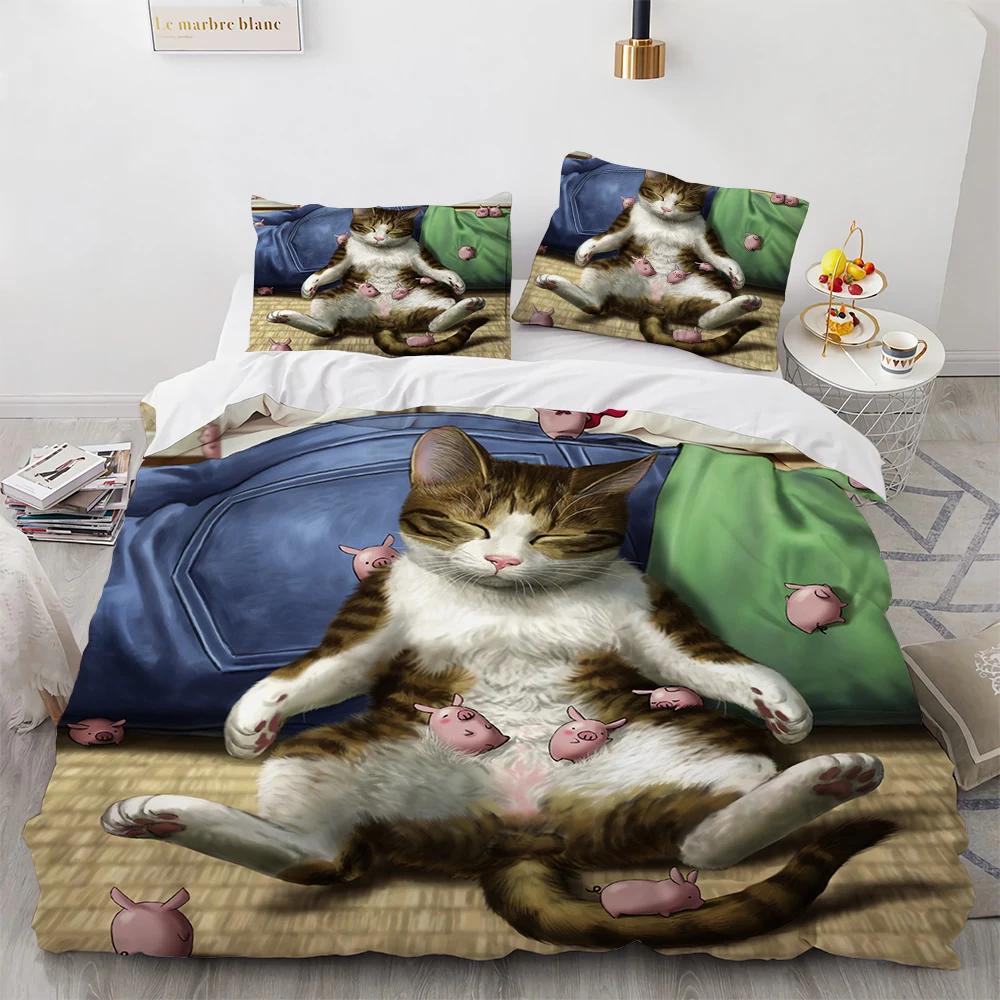 Watercolor Cat Duvet Cover King Queen Pet Kitty Bedding Set For Teens Adults Blue British Shorthair 2/3Pcs Polyester Quilt Cover