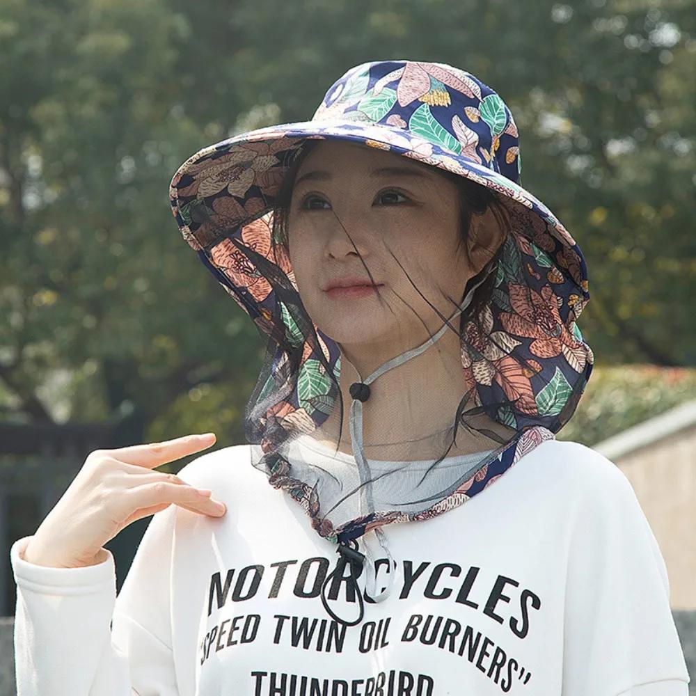 Printing Bee Mosquito Hat UV Protection Face Mask Mesh Tea Picking Hat Sun Protection Breathable Sunshade Shawl Cap Hiking