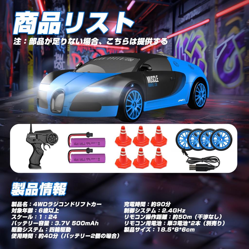 124 Scale 4WD 2.4GHz RC Drift Car with Drift Package, Replacement Tires & Cones, 40 Minutes of Continuous Running Time, USB Charging, Blue GTR,