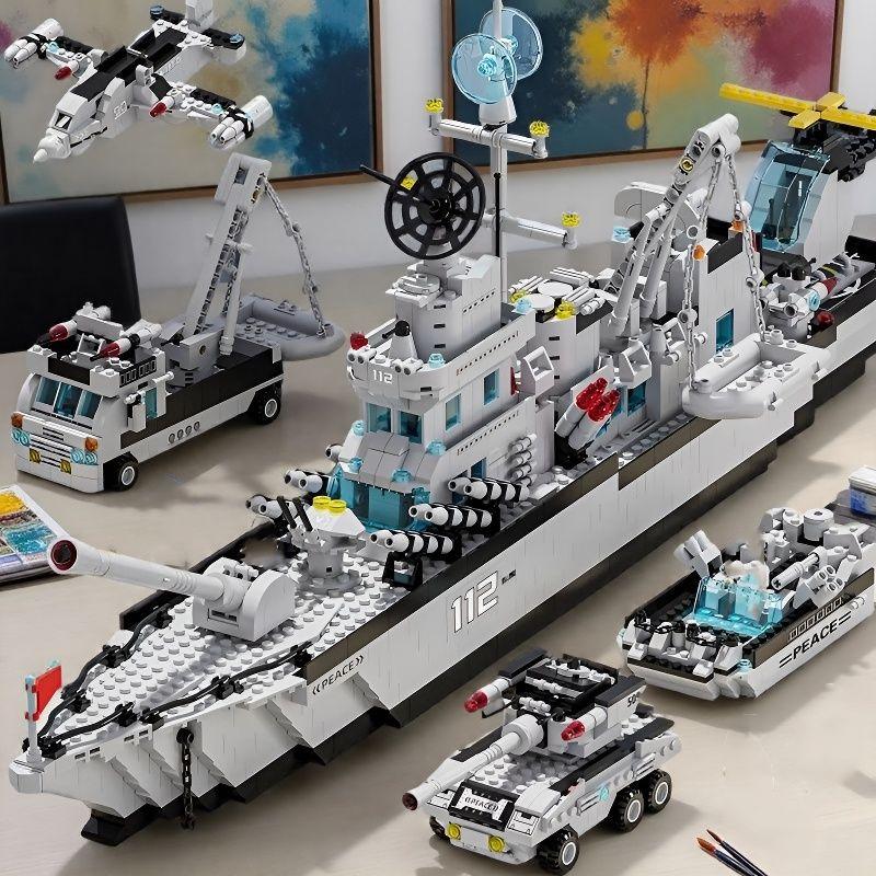 6 In1 Military Building Blocks Set Navy Warship Army Tank Aircraft Ship Model Kids DIY Construction Toys Christmas Birthday Gift