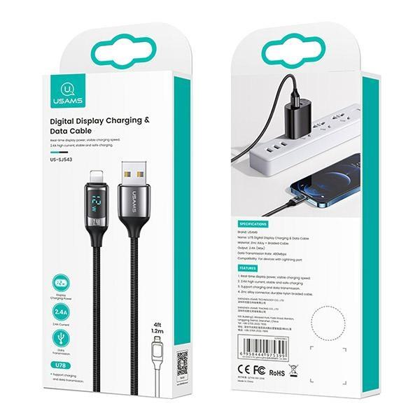 Usams Kabel Pleciony U78 Lightning 1.2Mled 2.4A Fast Charging Silver Black Sj543Usb02 (Us-Sj543)