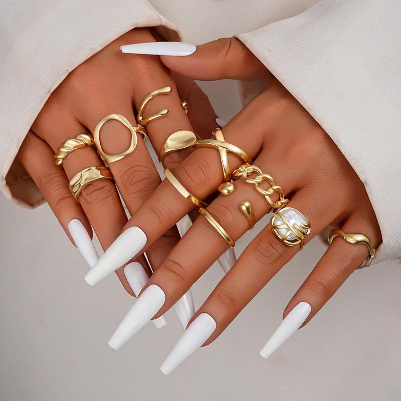12Pcs/Set Retro Irregular Geometric Rings for Women Punk Alloy Metal Adjustable Finger Rings Set Fashion Statement Jewelry Party