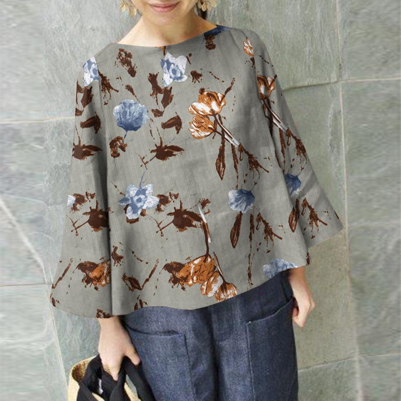 New Autumn Printed Round Neck Long Sleeve Retro Printed Top