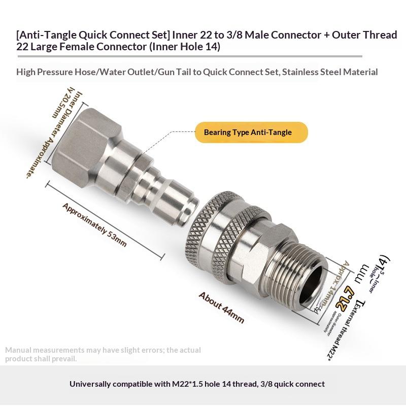 M22 14mm/15mm Pressure Washer Swivel Fitting - 360° Kink Free Anti-Twist 5000PSI To Hose Male Thread