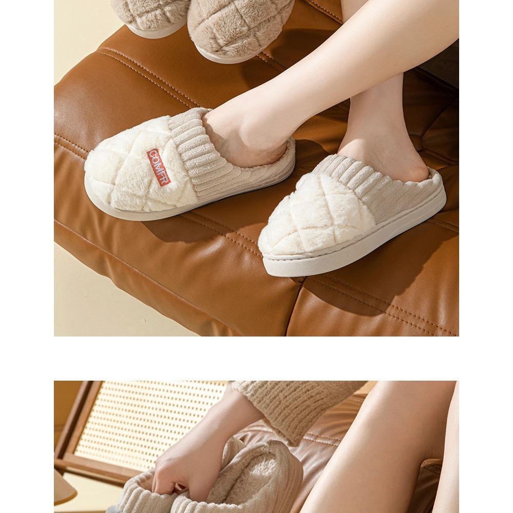 Cotton Slippers Women Autumn Winter Home Thick Sole Non-Slip Plush Fuzzy Indoor Warm Couple Men House Slippers