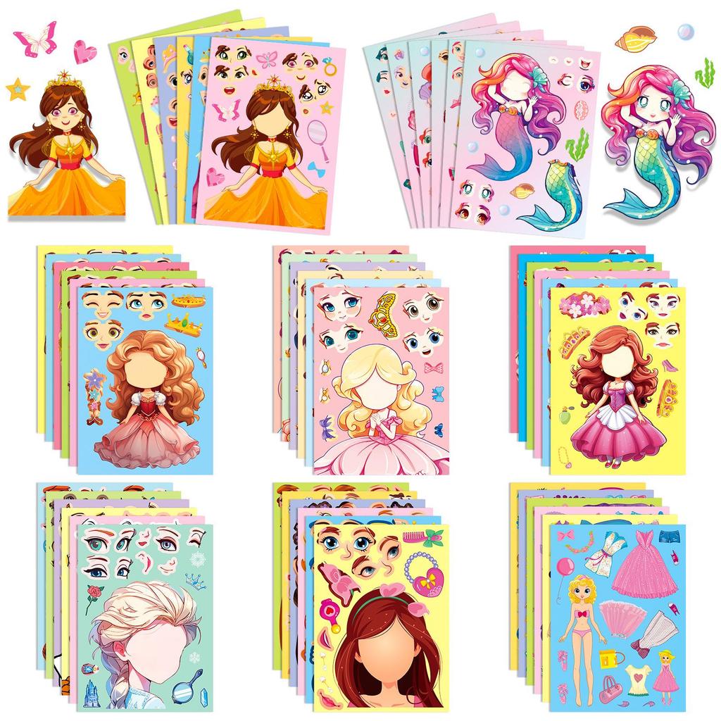 Princess Face Swap Puzzle Stickers: 6-48 Sheets/Pack - Cartoon Make-A-Face Toy