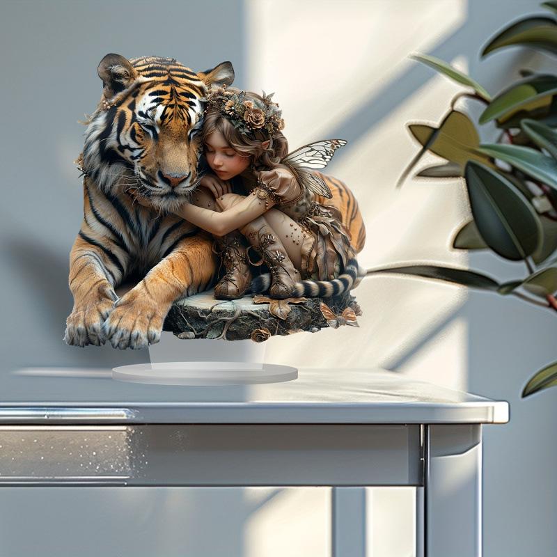 Wild Girl and Tiger Acrylic Desk Ornament for Living Room or Office