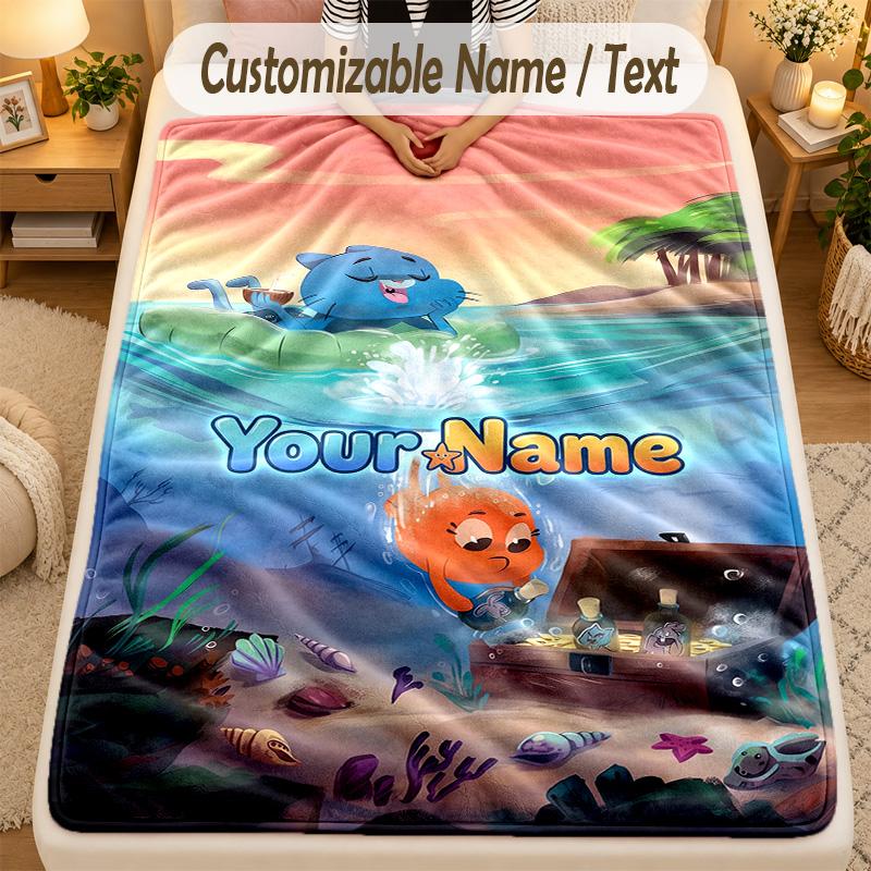 Flannel BlanketAmazing World of Gumball Custom Name Text Personalized Soft Warm Throw Blanket Home Decor Gift