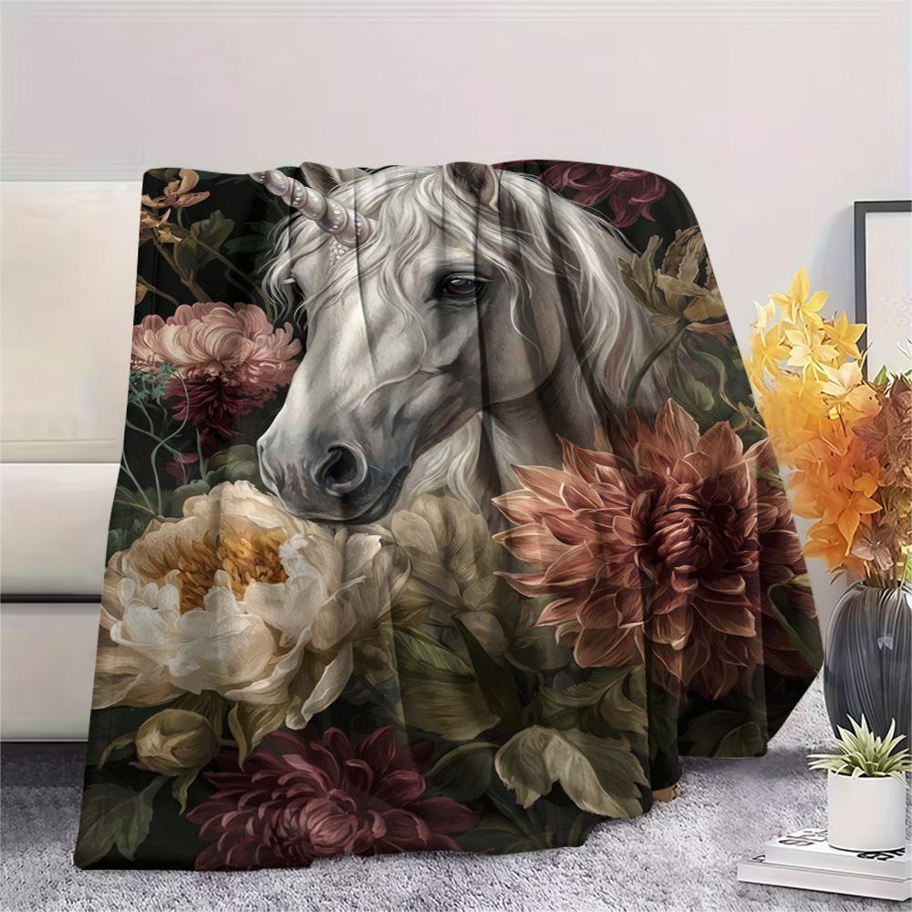 1PC Dark Floral Wildlife Print FlAannel Blanket, High quality Comfortable for All Seasons, Home Decor, Warmth and Comfort