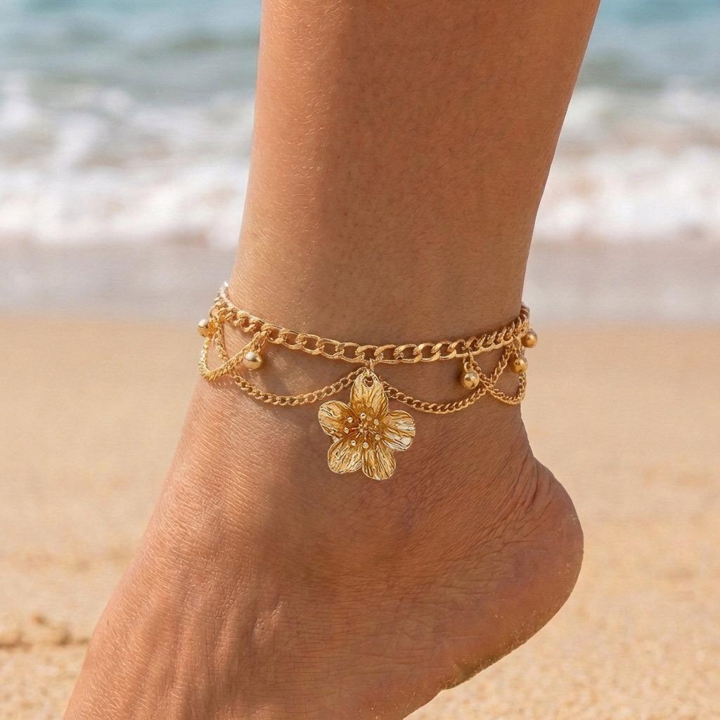 Lady's Multi-layered Beach and Ocean-themed Ankle Chain with Sea Shells and Starfish Beach Accessories for Vacation.