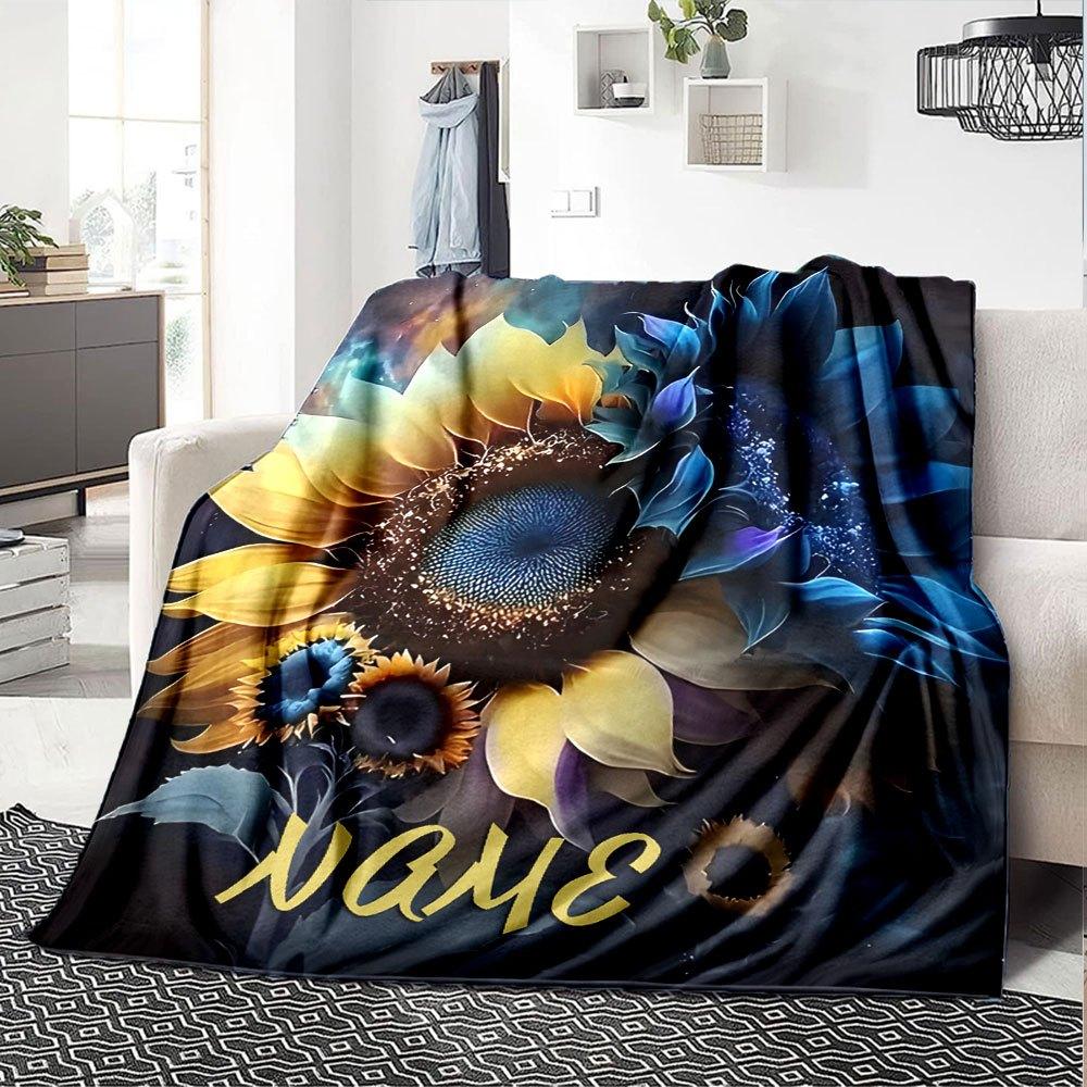 Sunflower Fusion With Cosmic Elements Cozy Customizable Blanket Personalized Name Warmthful Decor Perfect For Sofa Couch Office Bed Picnics For All