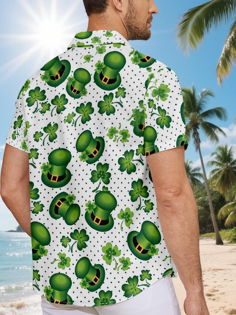 Men'S Short-Sleeve Shirt with a Green St. Patrick'S Day Hat And Clover Pattern, a Hawaiian-Style Button-Up Shirt, Perfect for Festive Occasions And As