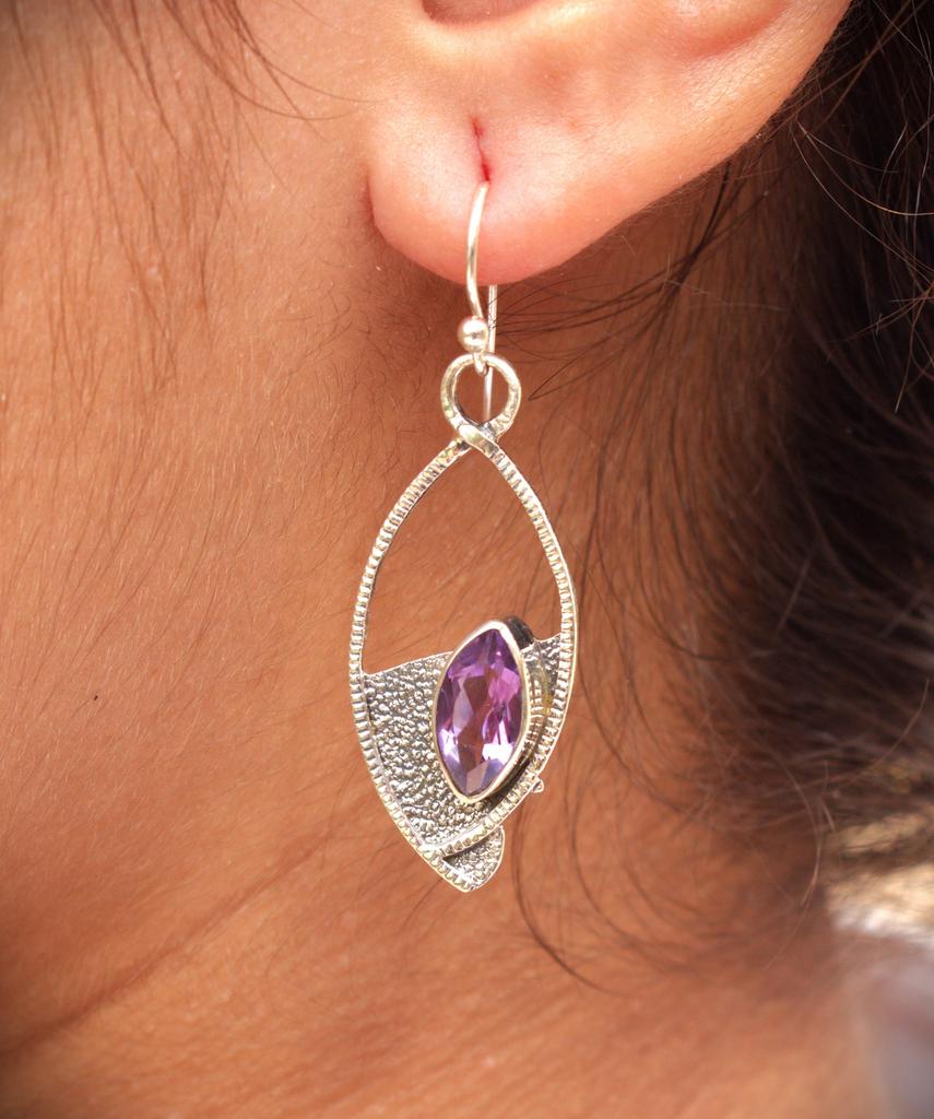 Oxidized 925 Sterling Silver Amethyst Drop Earrings