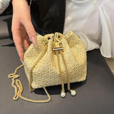 2025 Summer New Fashion Woven Portable Shoulder Crossbody Bucket Bag Women's Bag Foreign Style Simple Drawstring Bucket Bag