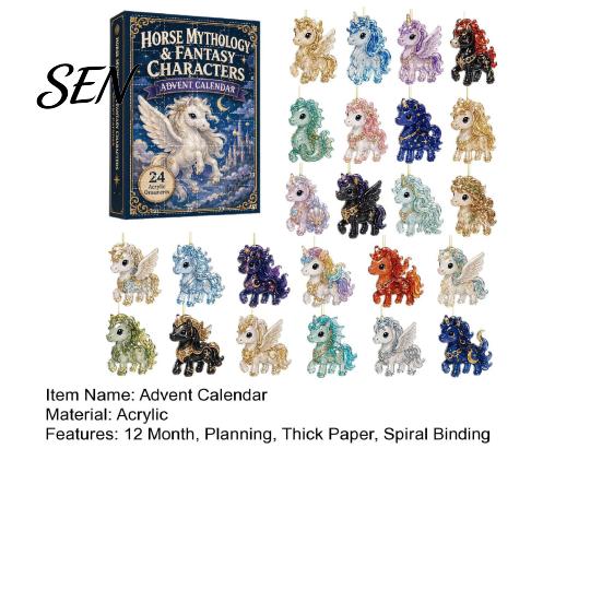Christmas Tree Hanging Decorations Fantasy Horse Advent Calendar, 24-Day Acrylic 2D Ornament Set Collectible Figures with Magical Designs, Countdown