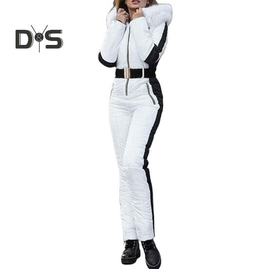 Macacão feminino para atividades ao ar livre, capuz removível, parka acolchoado, à prova de vento, mantém aquecido, à prova d'água, snowboard, esqui, fecho de zíper, roupas esportivas ao ar livre