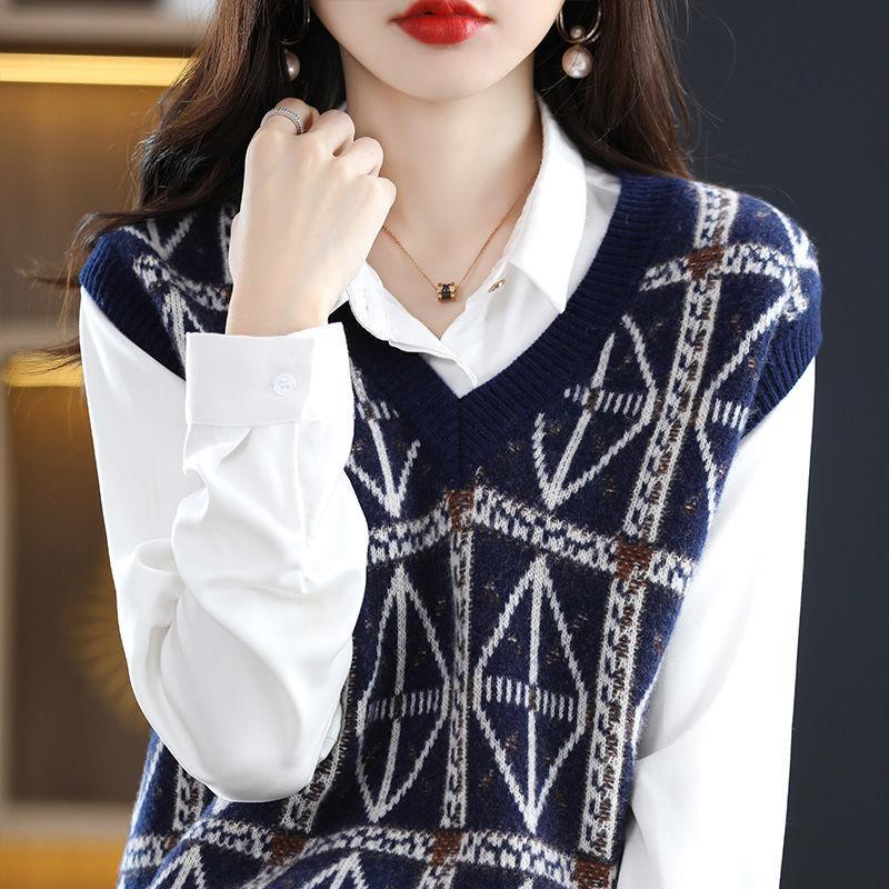 Vintage Wool Knitted Sweater Pullover Tank Women Folded Vest Diamond Plaid V-Neck Sleeveless Sweater Pullover Vest Female Tops