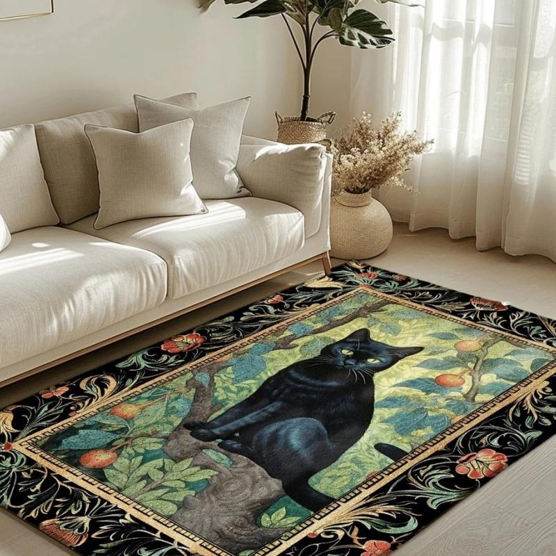 Academia Black Cat Rug Aniaml Floral Bedroom Carpet Anti-slip Washable Carpet for Living Room Rug Kitchen Bedside Soft Carpet