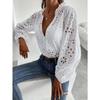 2026 New V Neck Long Sleeve Hollow Out Lace Shirt Fashion Women Office Lady Stand Collar Ruffle Blouse New Loose Elegant Sweet Solid Color Top