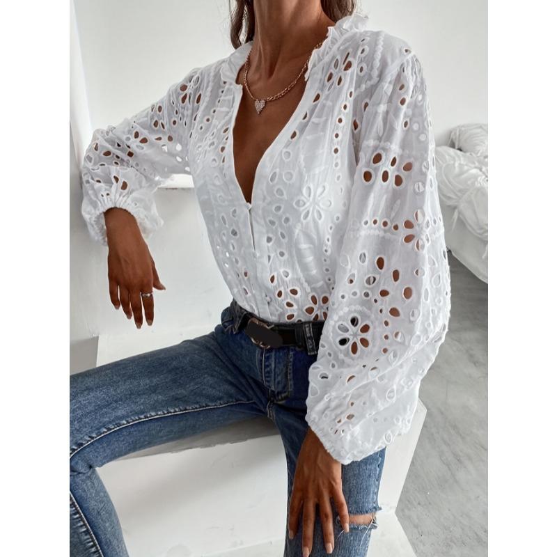 2026 New V Neck Long Sleeve Hollow Out Lace Shirt Fashion Women Office Lady Stand Collar Ruffle Blouse New Loose Elegant Sweet Solid Color Top