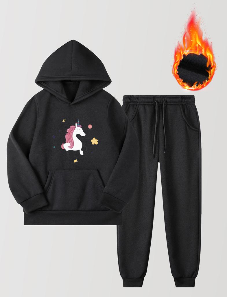 New Fashion Girls 2-piece Set Hooded Pullover Sweatshirt & Sweatpants Cartoon Unicorn Print Casual Fleece Lined Warm Sports Outfits For Autumn/ Winter