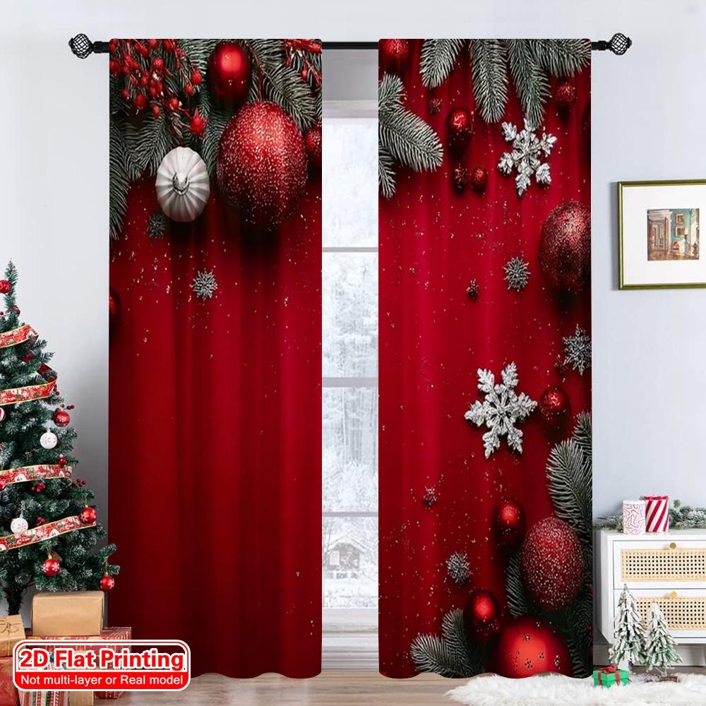 Set Of 2 Flat Printing Fashionable Christmas Curtains Pine Branches Snowflakes Digital Printed Polyester Drapes Spring Curtain