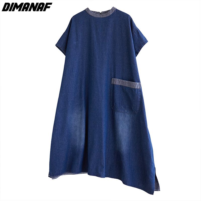 Dimanaf Plus Size 2024 Spring Summer Women Denim Dress Casual Vintage Loose Oversized Long Dress Irregular