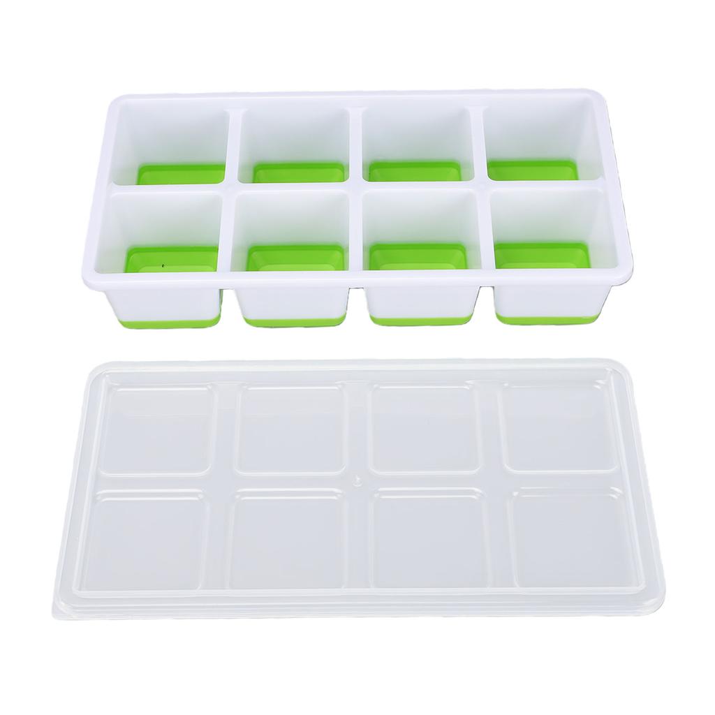 Ice Cube Tray with Lid Bin Tong Set 8 Cavity Soft Bottom Square Silicone Ice Cube Mold for Freezer