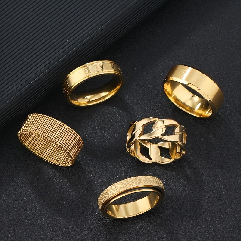 Stainless Steel Ring Set 5 Pieces of 18K Gold Plated Rotatable Decompression Rings, Men's Hip Hop Hollow-Out Design