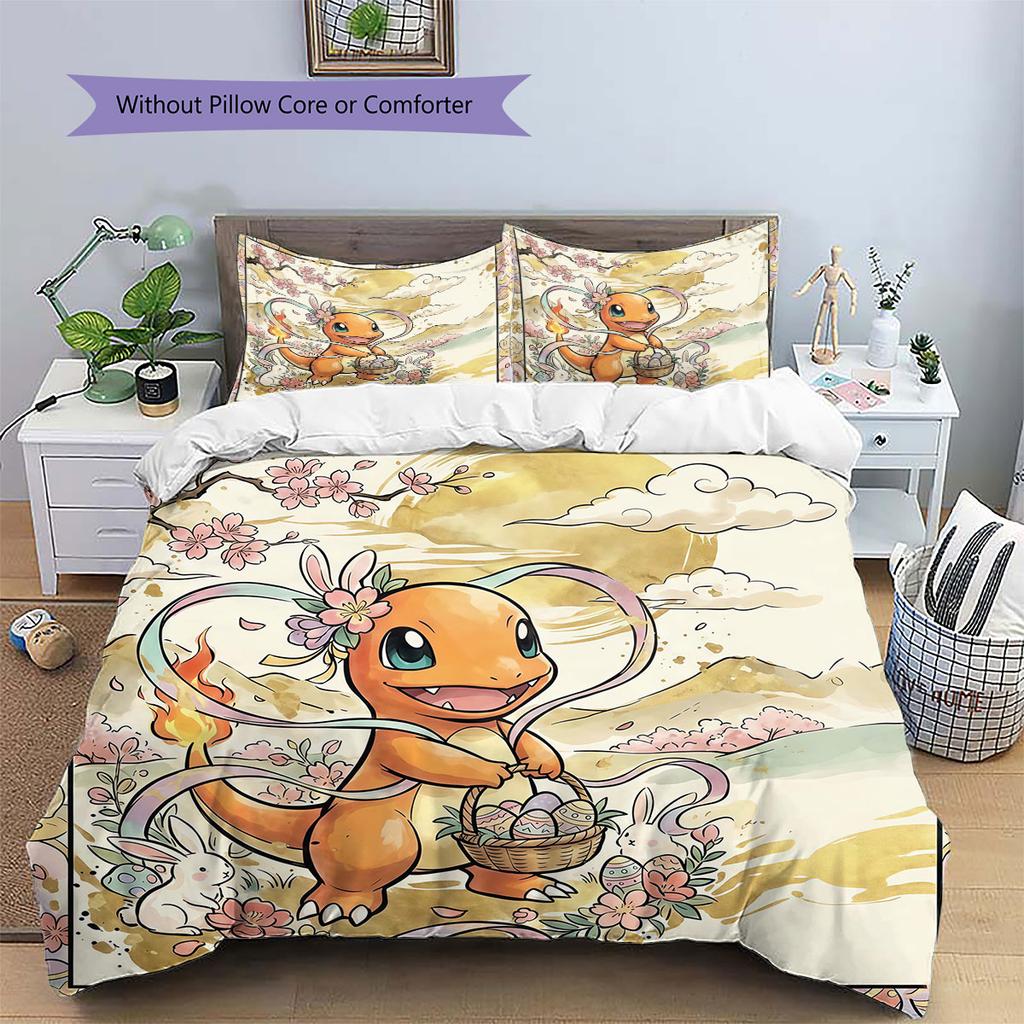 Velikonoční Pokemon Vzor Povlečení Sada Přikrývek Potah na Přikrývku Povlak na Polštář Domácí Dekorace Dárek k Narozeninám (1 * povlak na peřinu + 2 * povlak na polštář, bez jádra)