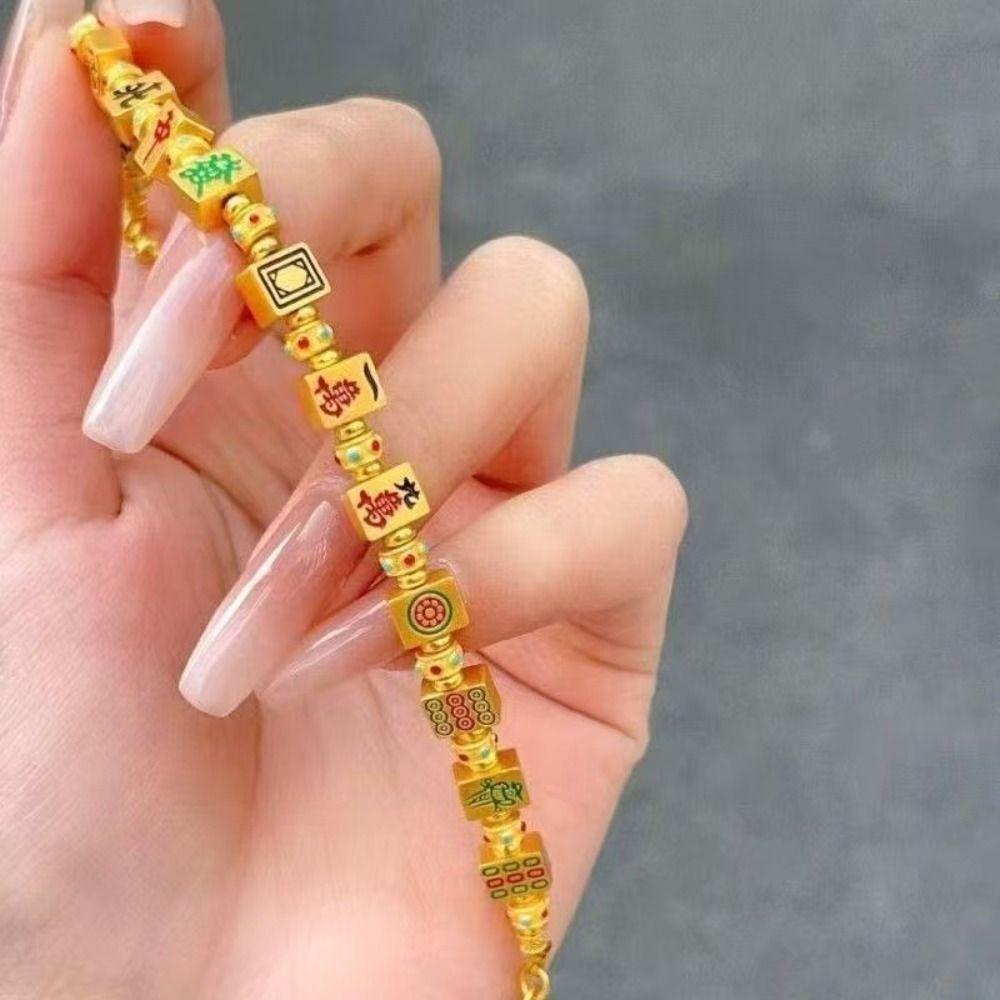 Chinese Character Golden Mahjong Bracelet Hand Jewelry Bohemian Style Bangle  Hipster