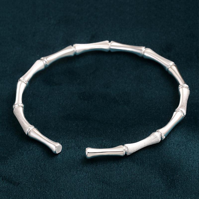 999 Sterling Silver Open Bamboo Joint Bracelet: Polished & Matte, Young Style, Solid Silver, Women's Thin Design.