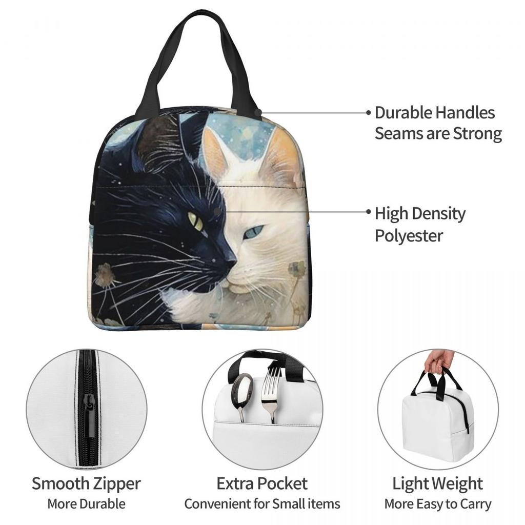Cartoon Black White Cat Print Insulated Lunch Bag for Women Office Cooler Thermal Food Box Tote Portable Lunch Boxes Container