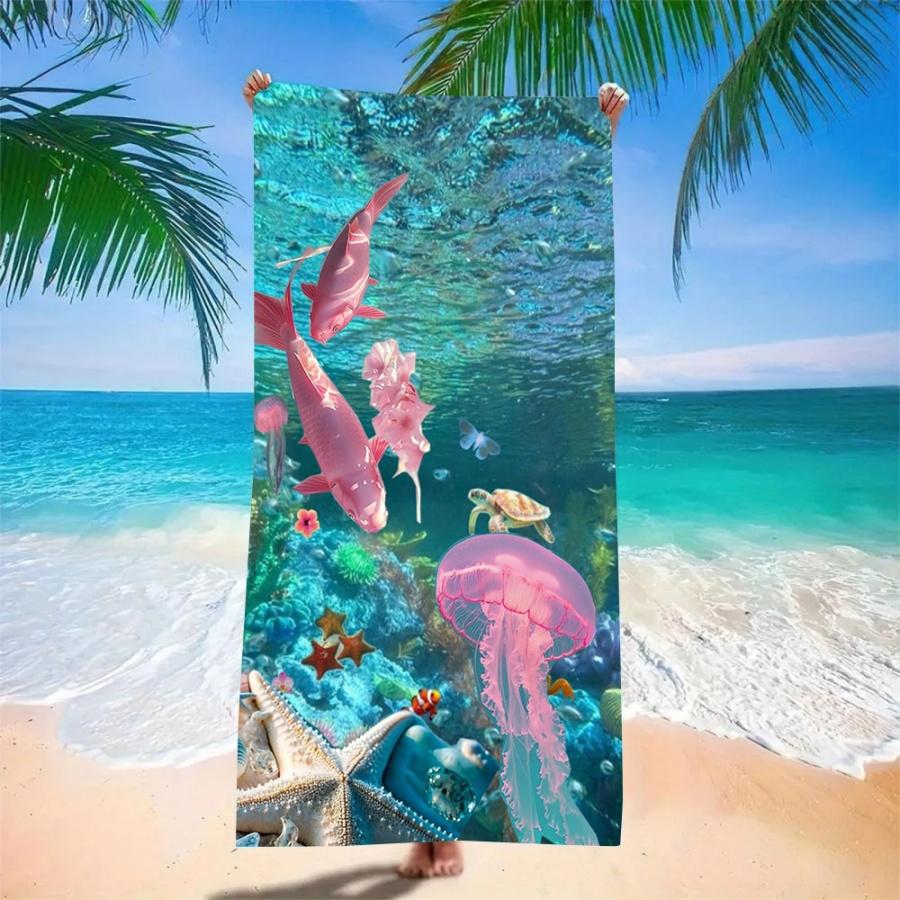 Microfiber Quick Dry Beach Towel with Pink Koi Fish Jellyfish Design - Soft Sand Free Travel Blanket for Pool Gym Yoga