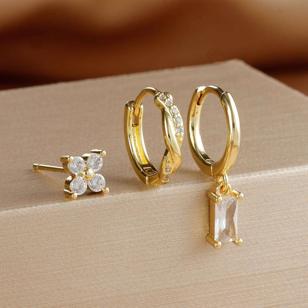 Sada 3 ks Trendy Zlatá Barva Čtvercový Zirkon Visací Náušnice Nerezová Ocel Kroucený Kruh Visací Náušnice Piercing do Chrupavky Šperky