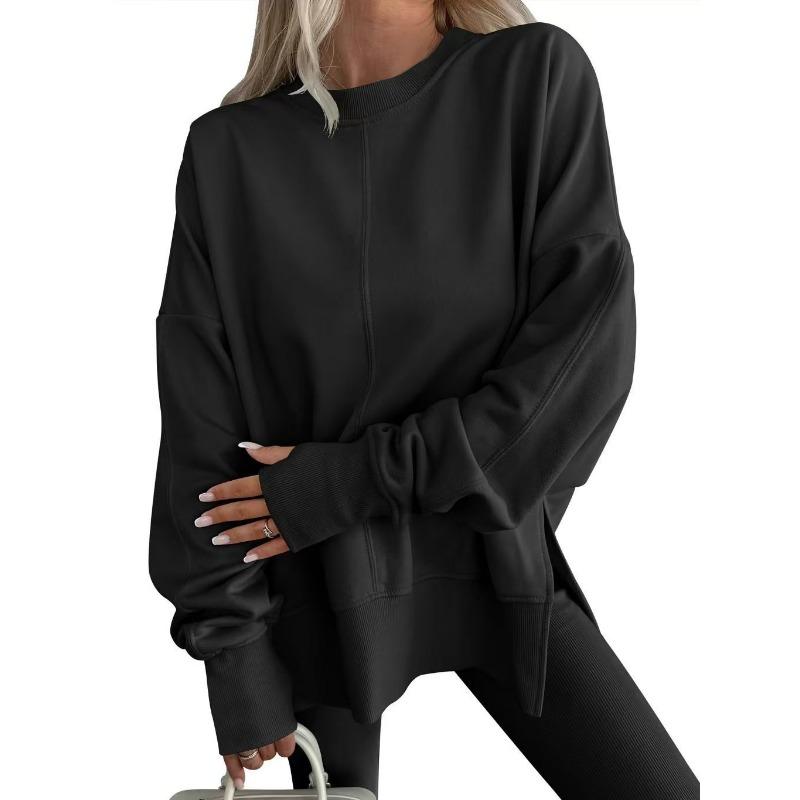 Loose Fleece Sweatshirt Round Neck Side Split Long Sleeve Casual Top For Women