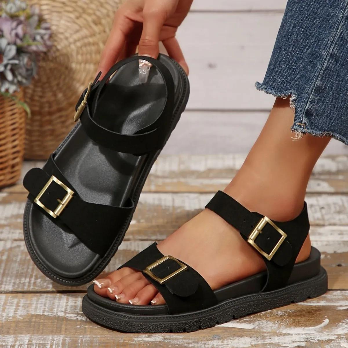 

Fashion Women s Sandals Fashion Peep Toe Casual Sandals Brand Buckle Strap Flat Sandals Anti Slip Comfortable Outdoor Beach Shoes 2025 42 чёрный