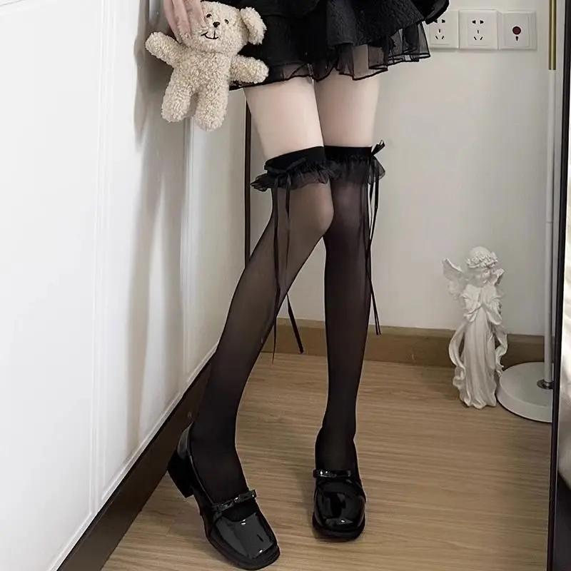 Bowknot Long Socks Bullet Style Retro High Knee Sock Sweet Girls Summer Thin Transparent Lolita Retro Calf Sockings