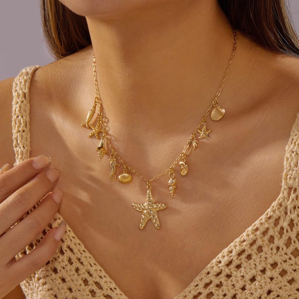 Bohemian Shell Starfish Scallopes Pendant Necklace For Women Ocean Series Seahorse Fish Coral Choker Beach Vacation Jewelry
