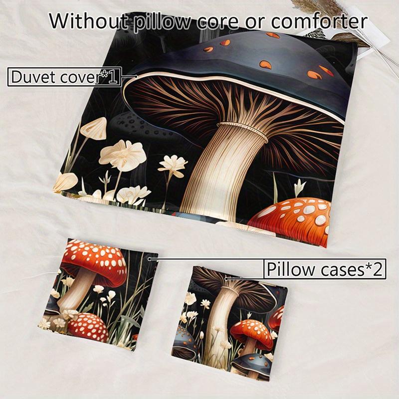3Pcs Botanical Mushroom Bedding Duvet Cover Set Dark Fantasy Mushroom Bedding Quilt Set Floral Mushroom Themed Bed Quilt Set