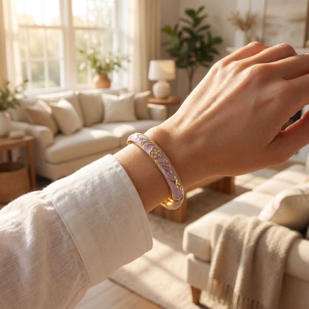 Enamel Floral Flower Crystal Bangle 5 Petals Women's Hand Bracelet Vintage Cloisonne Bangle Ladies