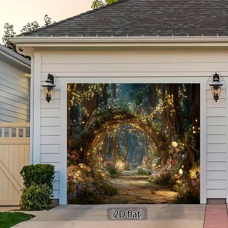 2D Fantasy Garden Tapestry Enchanted Forest with Stone Path & Glowing Lights Wall Art
