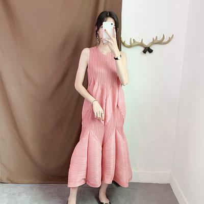 Plissiertes Damenkleid, ärmellos, runder Kragen, hohe Taille, Knospe, elegante, dünne Kleider, lässiger Stil, Sommer